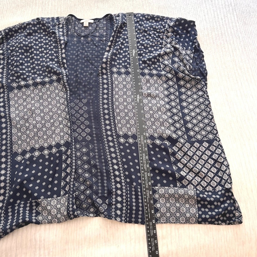 LOFT Navy Blue White Bandana Patchwork Tile Print Kimono Cardigan Open Front M/L - Picture 7 of 9